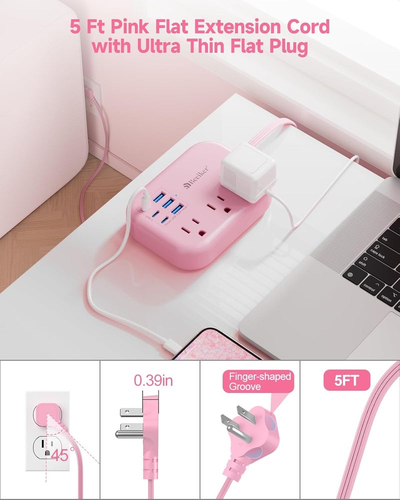Beeiker 6 USB(3 USB C) Pink Power Strip- 5Ft Extension Cord with 6 USB Charging Station 24W/4.8A and 3 Outlets, Desk Accessories for Cruise Travel Pink Cute Kawaii College Dorm Desk Home Essentials - Image 5